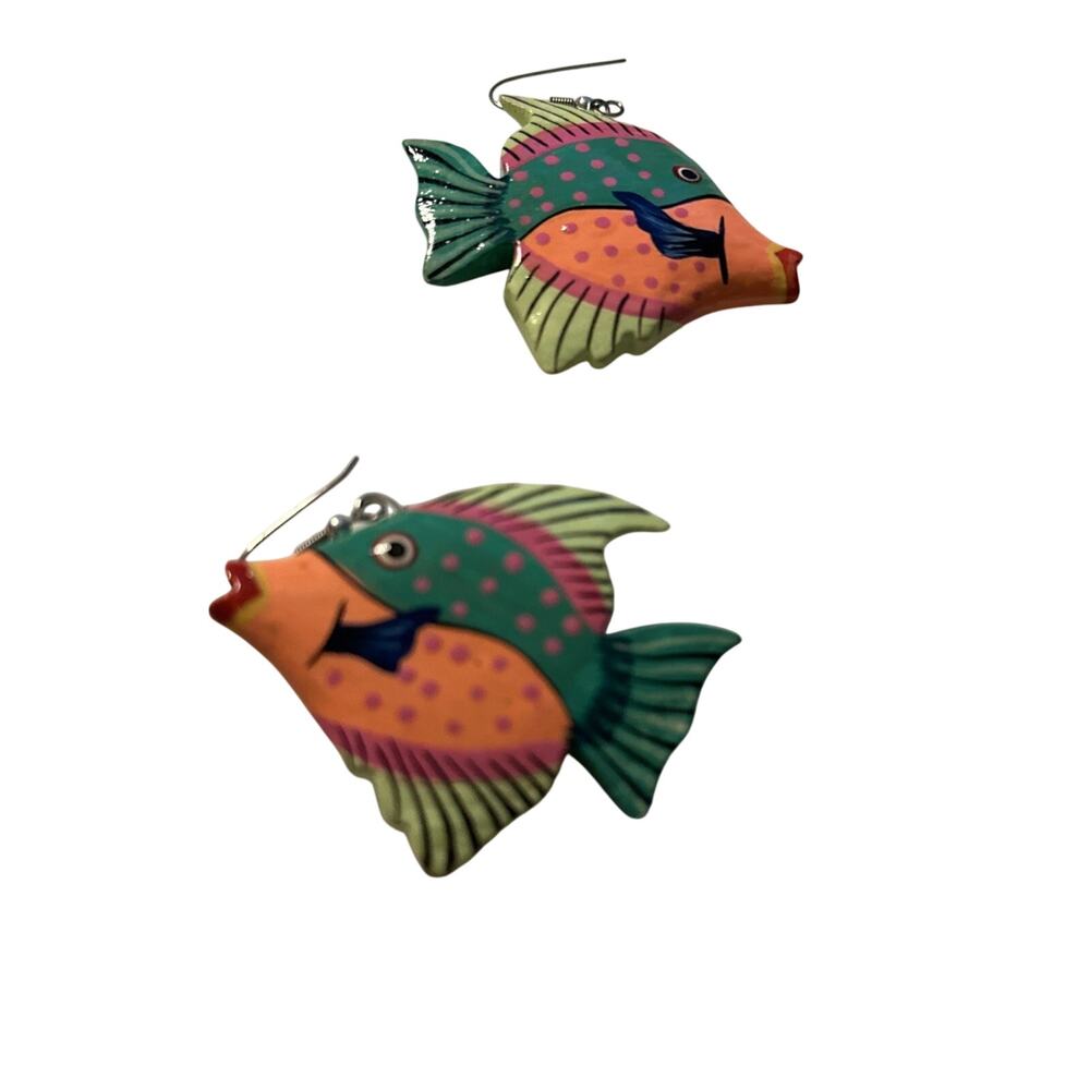Vintage Hand Painted‎ Wooden Fish Dangle Hook Earrings 2 Inches & Scarf Ring